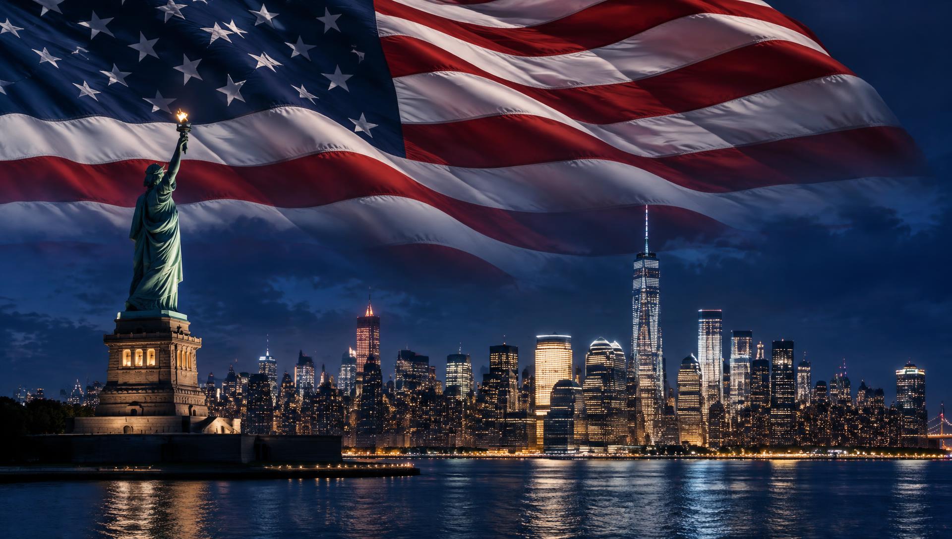 New York City skyline at night beneath the American flag with the Statue of Liberty